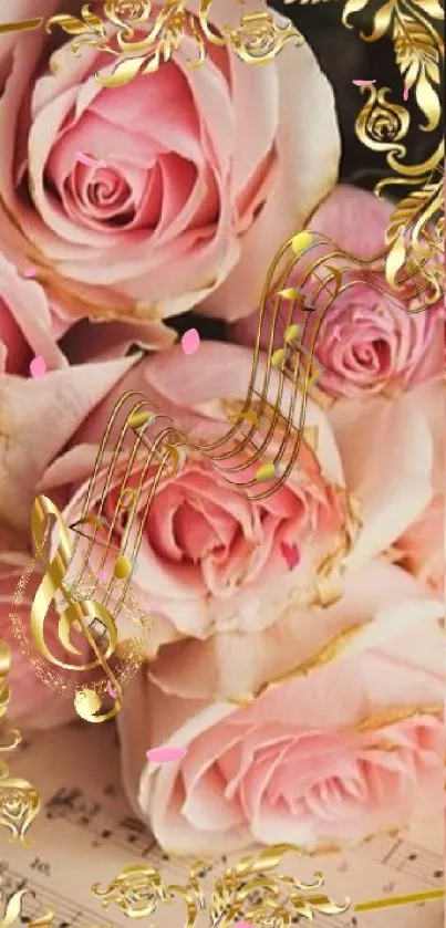 Pink roses with golden musical notes, creating a romantic mobile wallpaper.