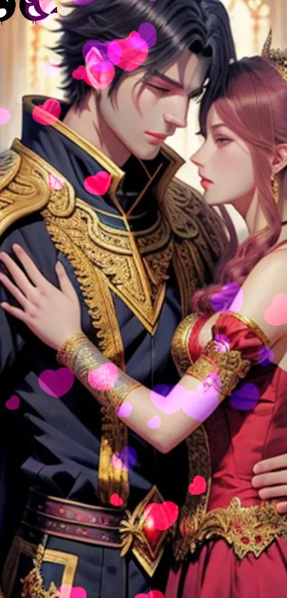 Romantic royal couple embracing with hearts.