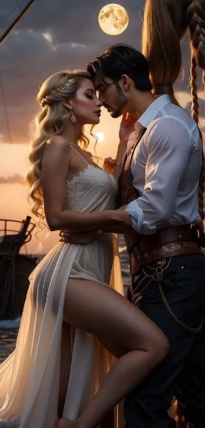 A romantic couple on a sailboat under a moonlit sky.