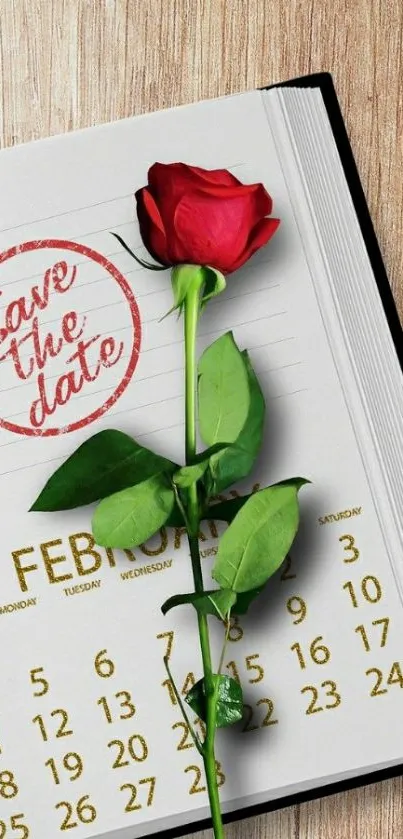 Romantic save the date wallpaper with a red rose on a calendar.