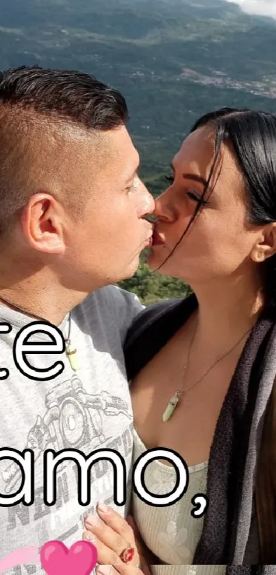 Couple kissing with mountain scenery and te amo text.