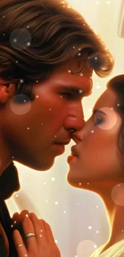 Romantic sci-fi couple in an artistic embrace with warm lighting.