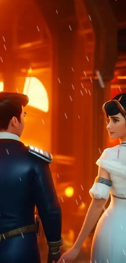 Futuristic romantic couple in a cinematic orange-lit setting.