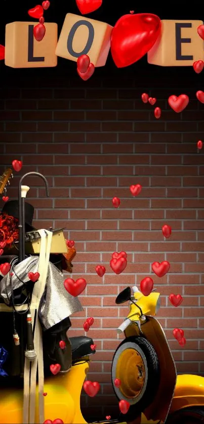 Yellow scooter with hearts and love letters on brick wall.