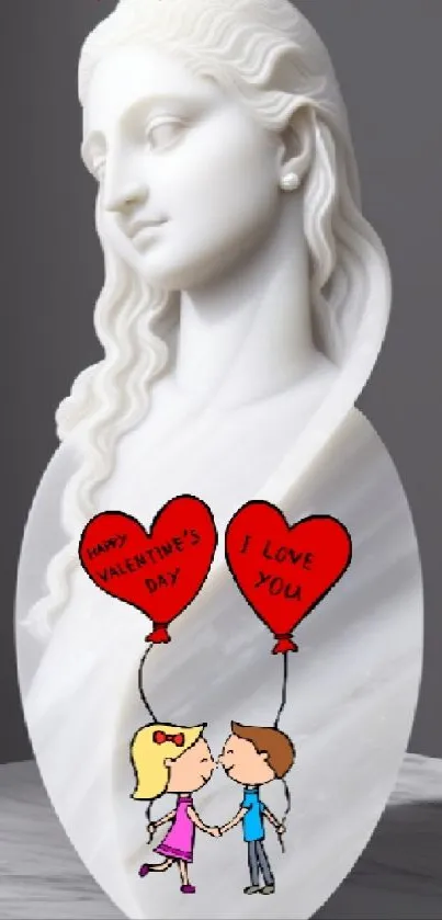 Romantic sculpture with Valentine's balloons on mobile wallpaper.