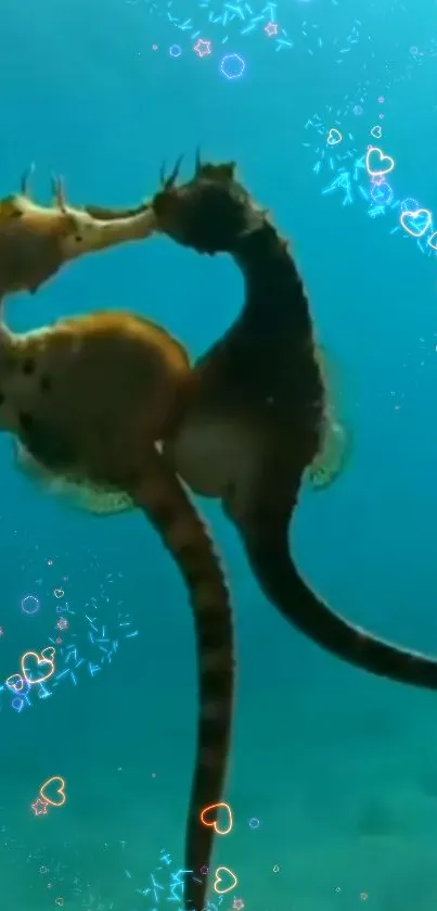 Two seahorses with hearts in a teal underwater scene.