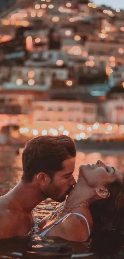 Romantic couple embracing in shimmering seaside waters at night.