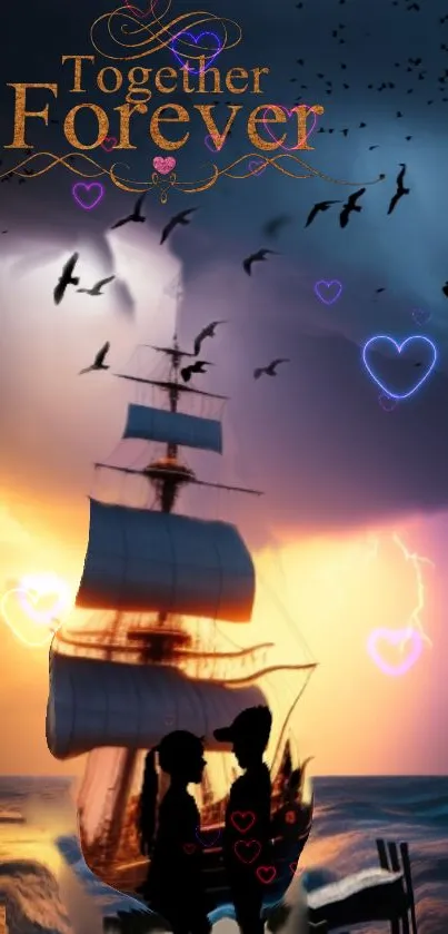 Romantic ship silhouette against sunset with glowing hearts.