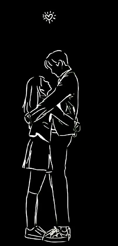 Romantic black silhouette of couple embracing with a heart on abstract wallpaper.