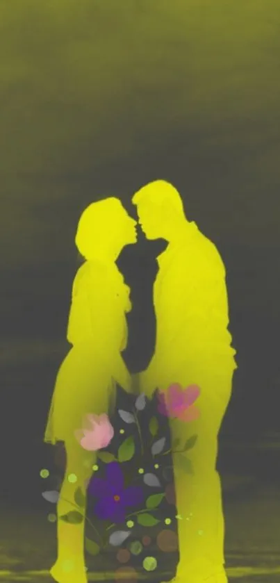 Silhouette of a romantic couple with vibrant floral elements under a night sky.