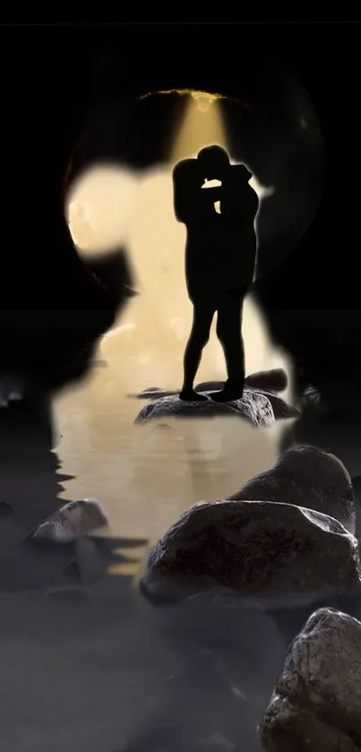 Romantic couple silhouette under moonlight reflection.