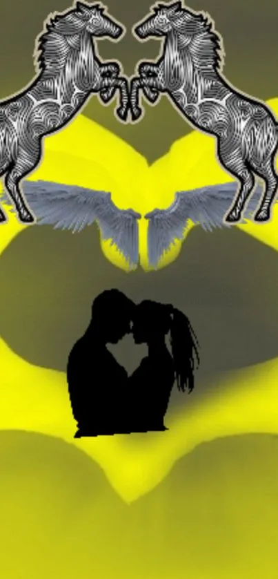 Romantic silhouette art with yellow backdrop.