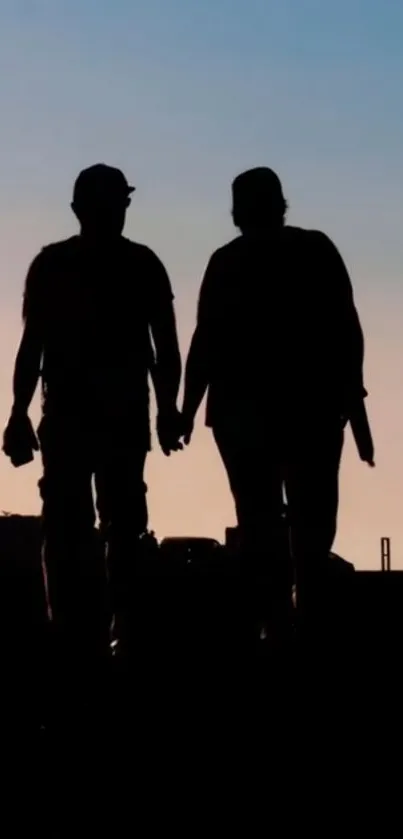 Silhouette of a couple holding hands against a sunset sky.