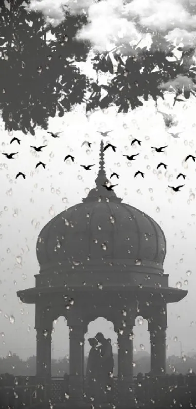 Romantic silhouette under gazebo at sunset with birds and raindrop effect.