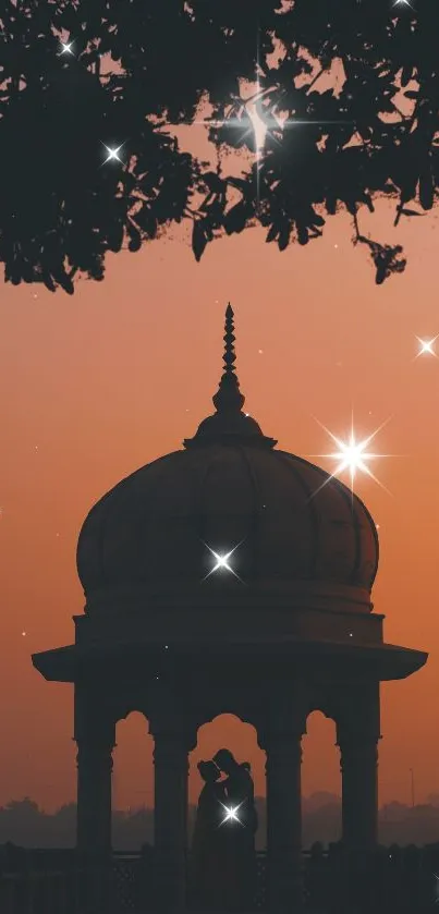 Silhouetted couple under dome at sunset with stars.