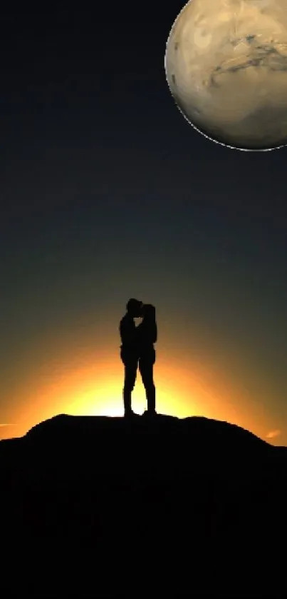 Silhouette couples at sunset with planet backdrop