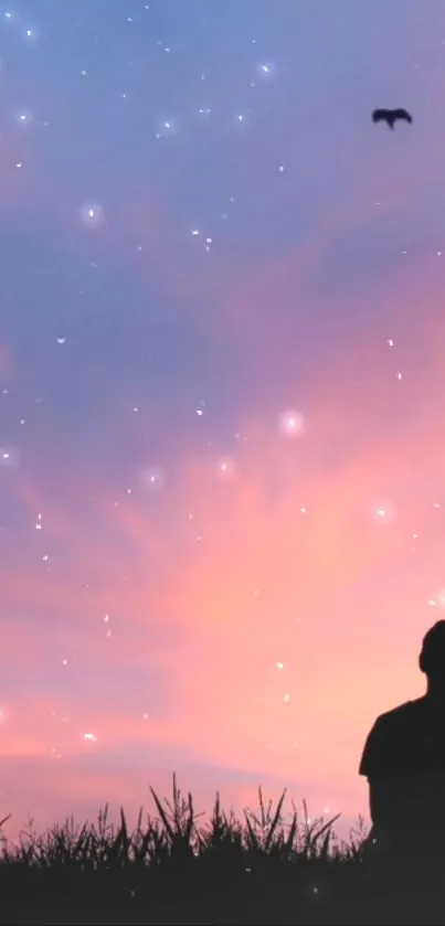 Silhouette couple at sunset with stars in the sky wallpaper.