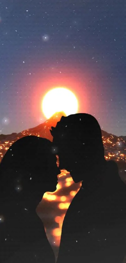 Silhouette of a couple at sunset with mountains and city lights.