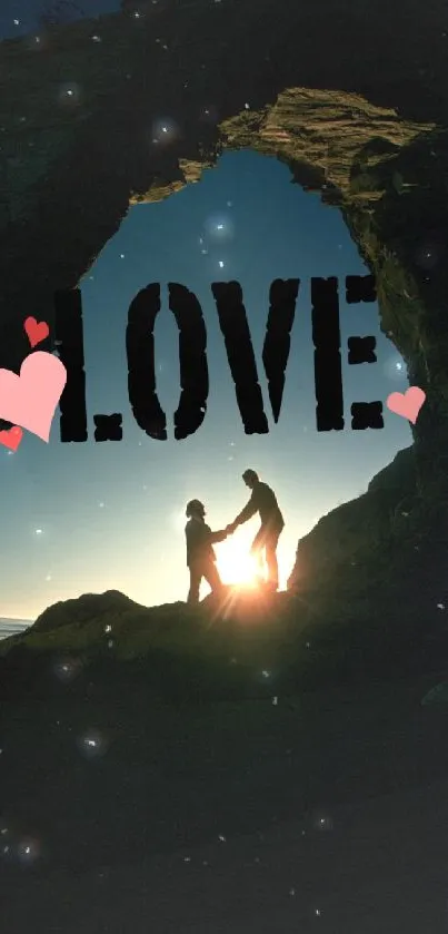 Romantic beach silhouette with love text.