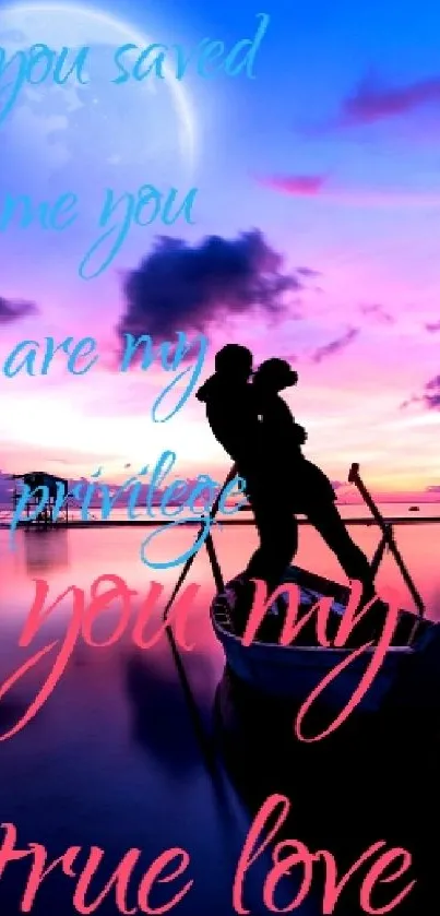 Silhouette of a couple on a boat against a vibrant purple sunset sky with love text.