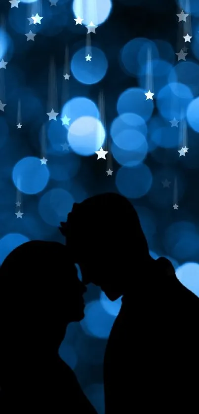 Romantic couple silhouette with blue bokeh background.