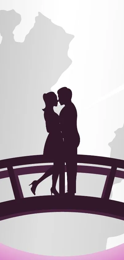 Silhouette of a couple kissing on a bridge with abstract background.