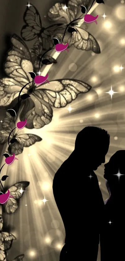 Romantic silhouette with butterflies and stars on a soft brown background.