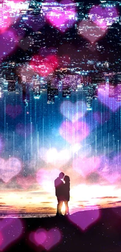 Silhouetted couple with a cityscape backdrop, blending day and night.