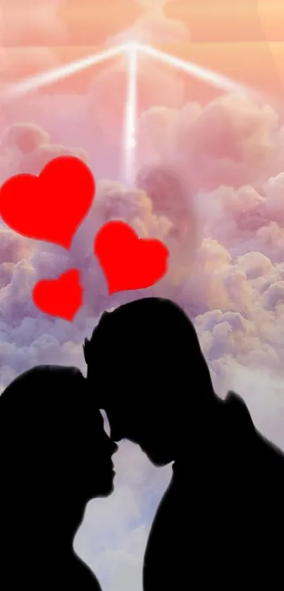 Romantic silhouette against clouds with hearts