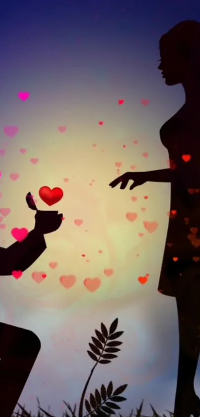 Silhouette of a couple with floating hearts in a romantic background.