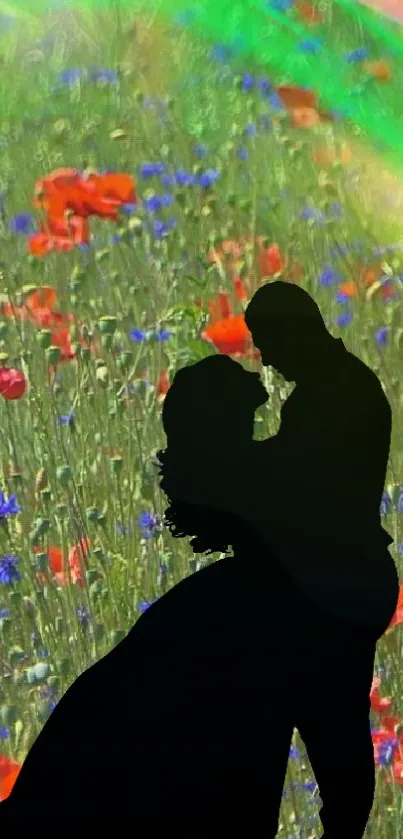 Silhouette couple in colorful field with wildflowers and a rainbow.