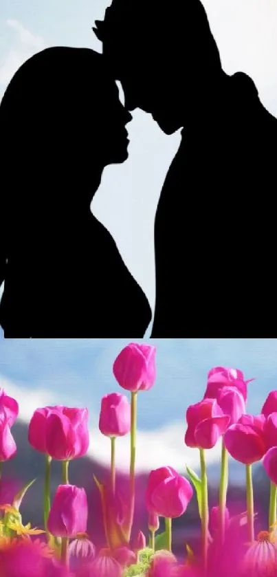 Silhouette couple with pink tulips in meadow.