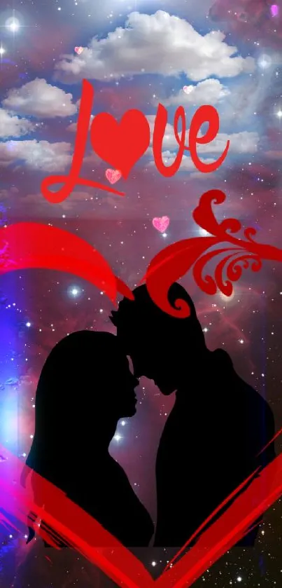 Romantic couple silhouette with galaxy backdrop and love text in red.