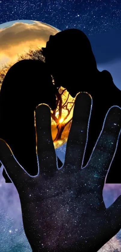 Romantic silhouette under moonlit galaxy wallpaper.