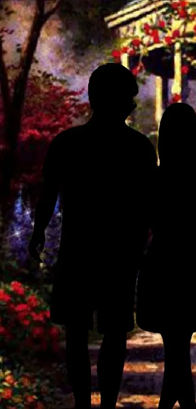 Romantic couple silhouette in a garden backdrop wallpaper.