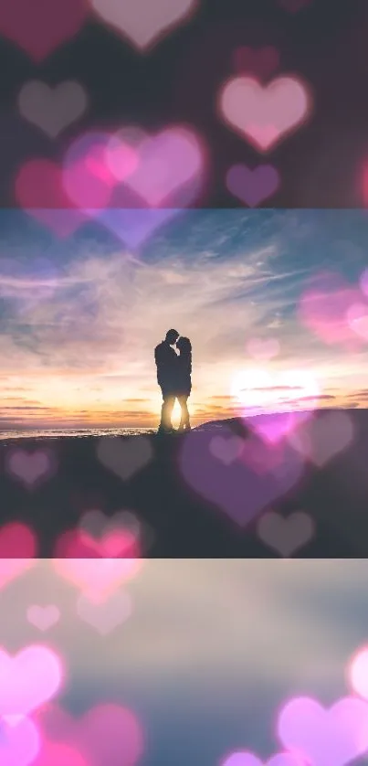 Silhouette couple at sunset with heart bokeh glow.