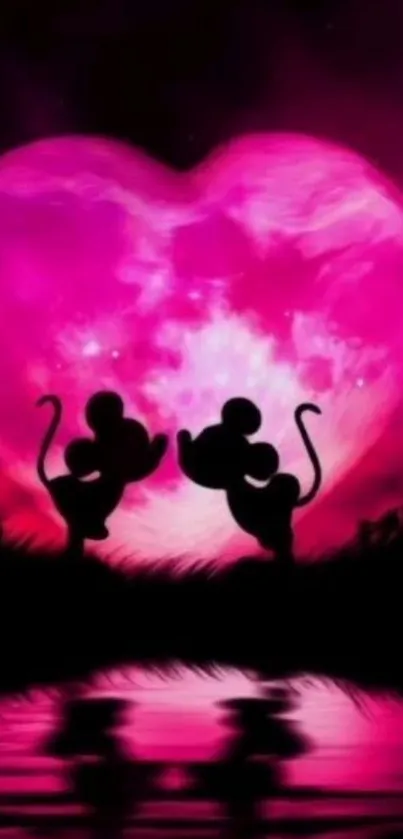 Romantic silhouette of two mice against a glowing pink heart moon reflection.