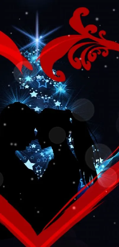 Silhouette couple in red heart with starry background.