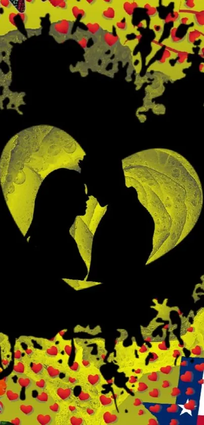 Silhouette of couple in heart with yellow and black design.