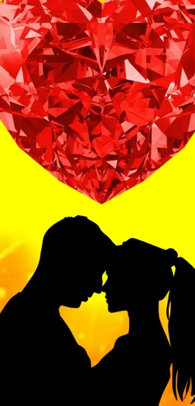 Silhouette couple under red heart on yellow background.