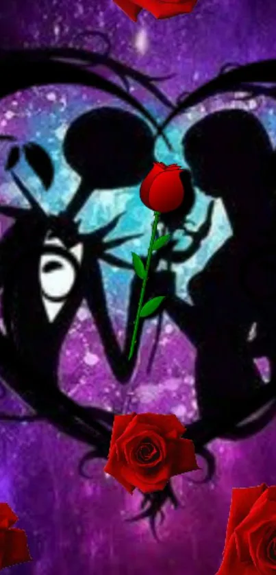 Silhouette couple in heart with red rose on purple background.