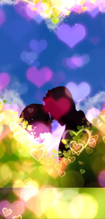 Romantic couple silhouette with colorful hearts.