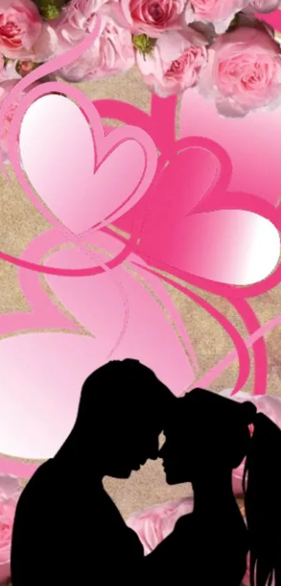 Silhouette of a couple with pink hearts and roses on a wallpaper background.