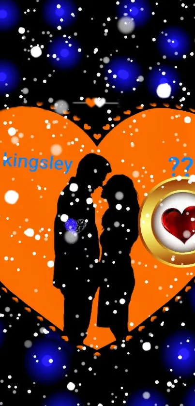 Silhouette couple in orange heart, snowy background.