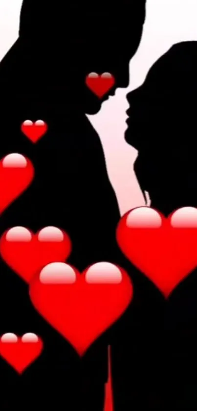 Silhouette couple with red hearts wallpaper, romantic design.