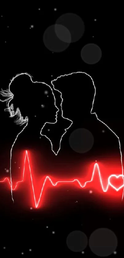 Silhouette couple with red heartbeat line on black wallpaper.