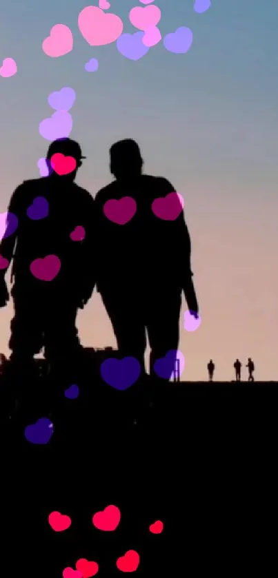 Silhouette of couple at sunset with floating hearts in romantic mobile wallpaper.