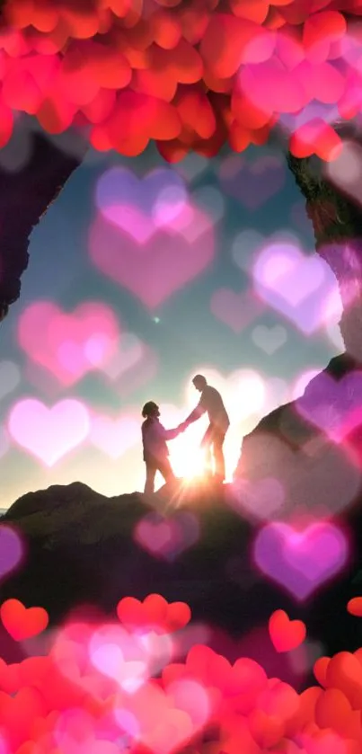 Silhouette couple with pink heart bokeh overlay.