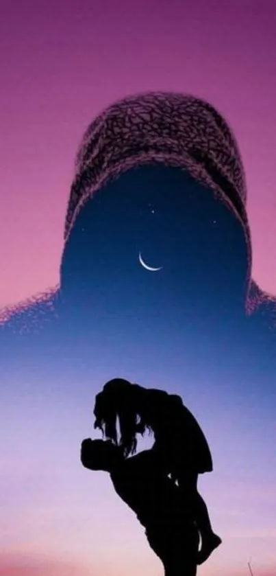 Romantic silhouette under crescent moon in purple sky wallpaper.