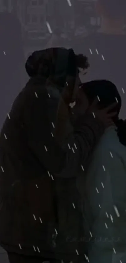 Silhouette of a couple kissing under rain on a dark background.